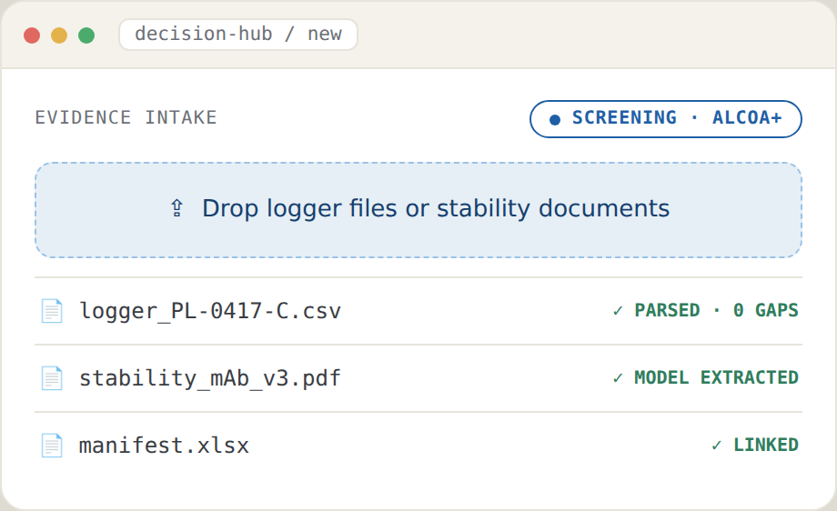Illustrative Terminus evidence-intake screen — logger CSV, stability PDF and manifest parsed and screened with ALCOA+ checks passing